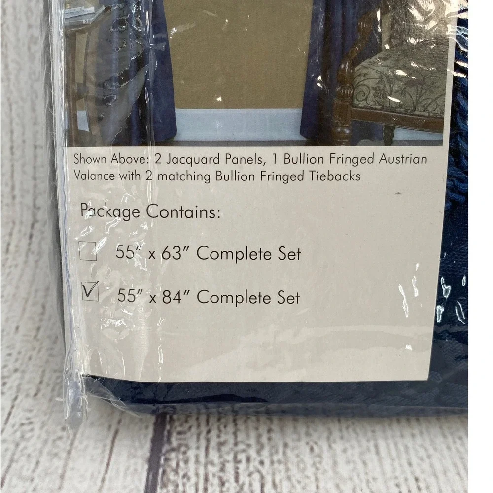 Panache 5 Piece Window Set Navy Blue 55x84 New Jacquard Austrian Valance Fringe